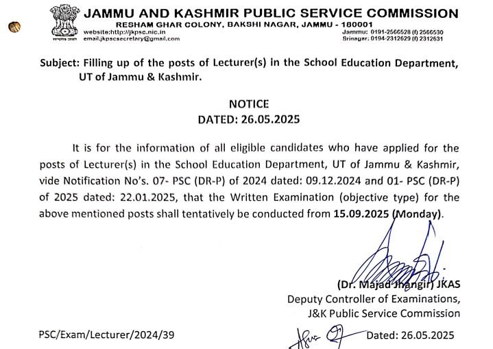 JKPSC Lecturer Exam Date