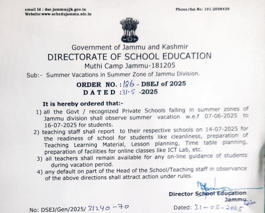 Summer-Vacations-Jammu-Official Order Summer Vacations in Jammu Schools Official Order