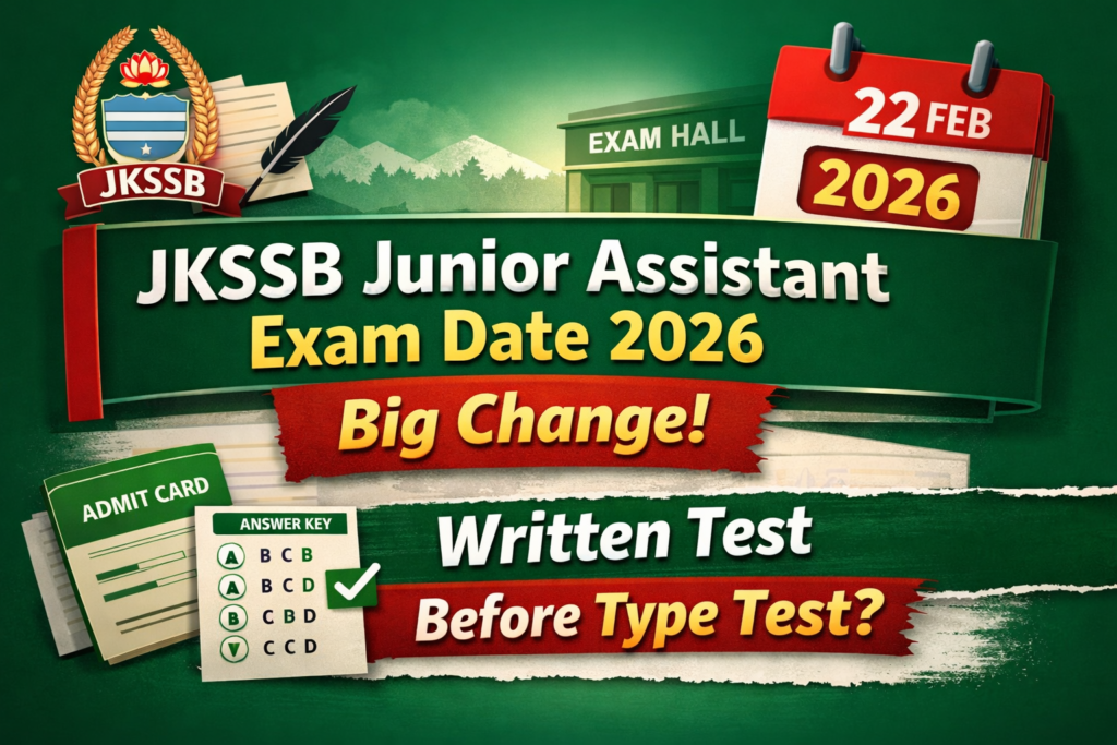 JKSSB Junior Assistant Exam Date 2026 — calendar marked 22 Feb 2026 with “Big Change!” banner asking “Written Test Before Type Test?”