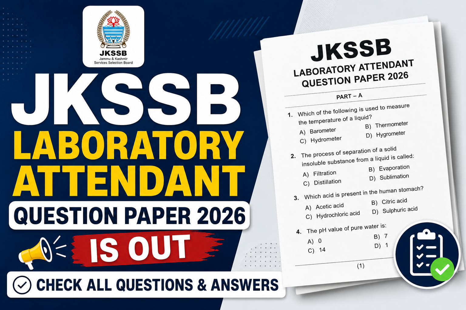 JKSSB Laboratory Attendant Question Paper 2026 Is Out — Check All ...