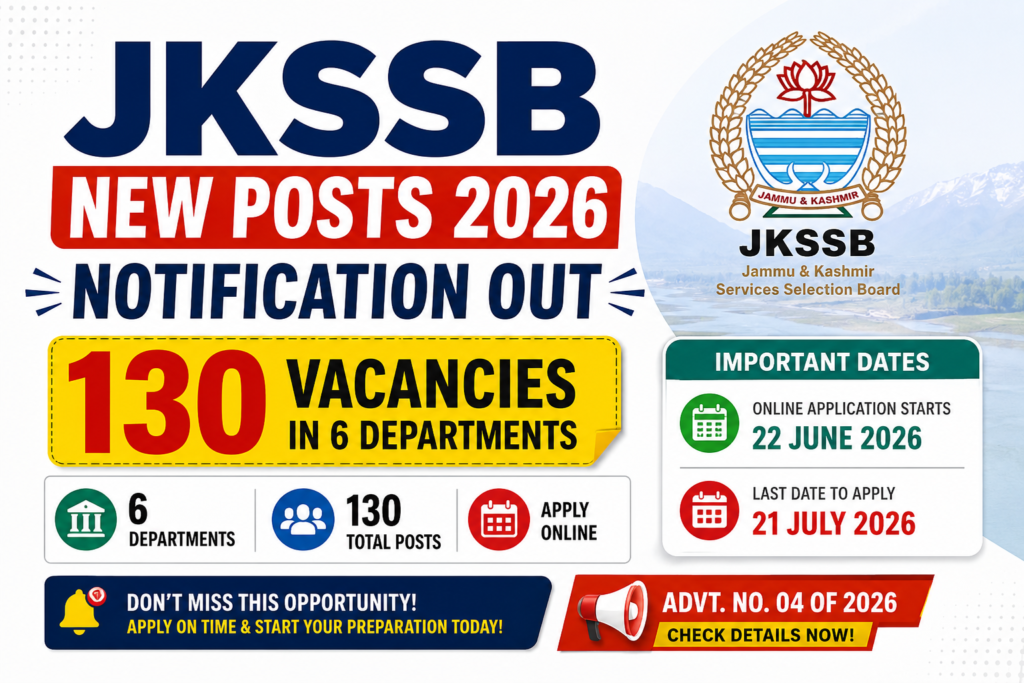 JKSSB New Posts 2026 notification image showing 130 vacancies in 6 departments under Advertisement No. 04 of 2026 with important dates and apply online details