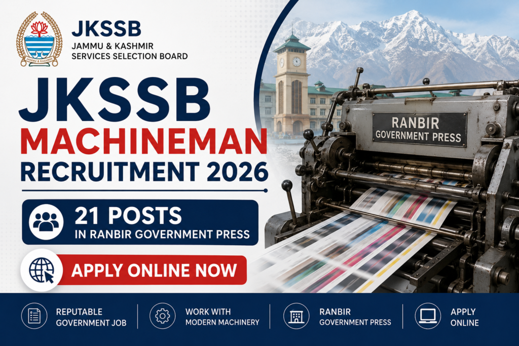 JKSSB Machineman Recruitment 2026 featured image showing a printing press machine at Ranbir Government Press with notification for 21 Machineman posts in Jammu and Kashmir.