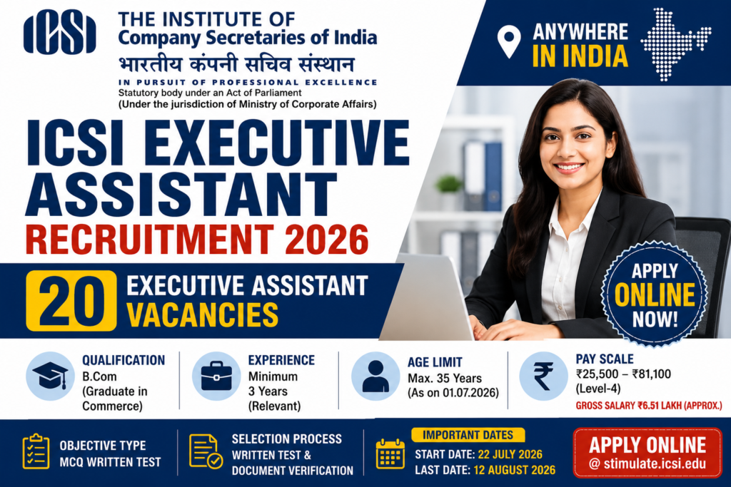 ICSI Executive Assistant Recruitment 2026 notification for 20 Executive Assistant posts with B.Com qualification, Anywhere in India posting, and Level-4 salary.