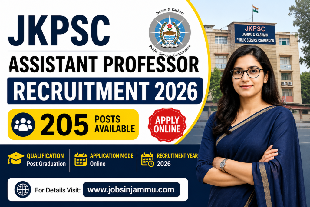 JKPSC Assistant Professor Recruitment 2026 poster showing 205 vacancies, online application, postgraduate qualification, and Jammu & Kashmir Public Service Commission building.