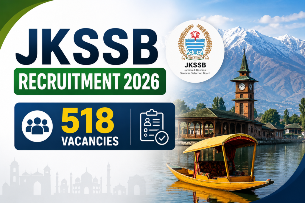 Featured image for JKSSB Recruitment 2026 showing 518 government vacancies under Advertisement Notification No. 08 of 2026 for Agriculture Production, Health & Medical Education, Higher Education, and Labour & Employment Departments in Jammu & Kashmir.